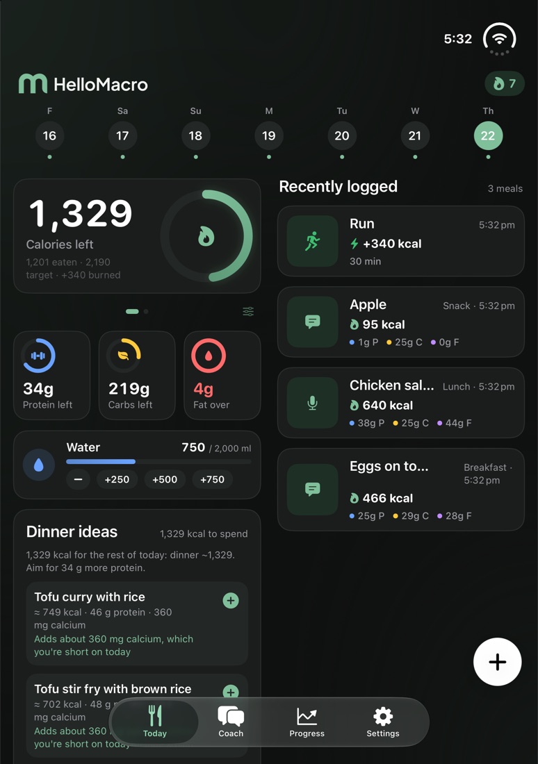 iPhone Duo open: Today in two columns, meals beside the calorie ring