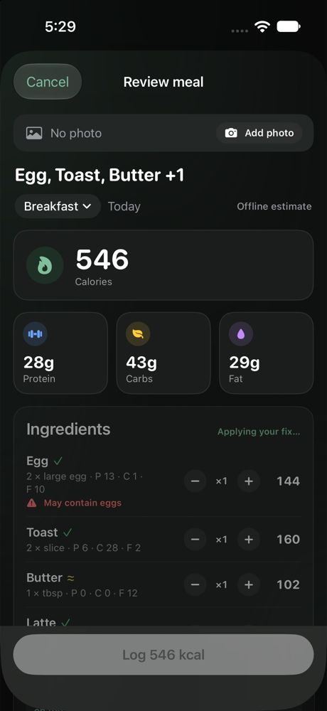 Meal review with confidence marks and corrections